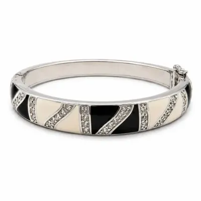 Sale Photo Thumbnail #19: Lot 19  
Sterling Silver Black/Cream Enamel & Pavé Crystal Hinged Bangle Bracelet