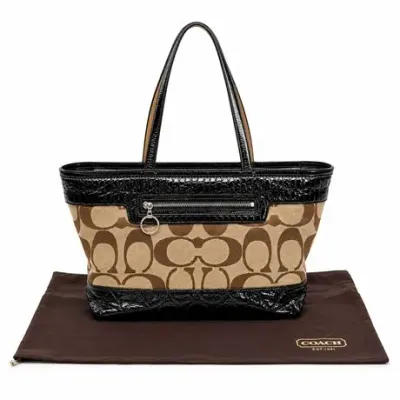 Sale Photo Thumbnail #7: Lot 07   
Coach Poppy Signature Tan Canvas Quilted Black Patent Leather Tote Bag
