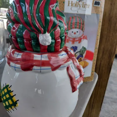 Sale Photo Thumbnail #193: Box and 2 PC Snowman Cookie Jar. Beautiful Cardinal, Craft Decorative Design.
