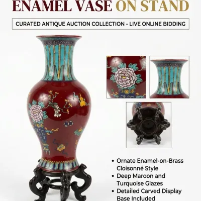 Enamel Vase Red and Turquoise with Stand