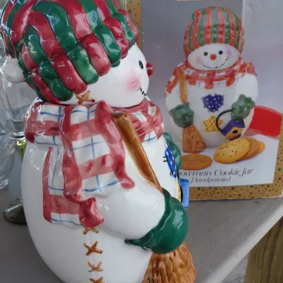 Sale Photo Thumbnail #192: Box and 2 PC Snowman Cookie Jar. Beautiful Cardinal, Craft Decorative Design.