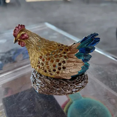 Sale Photo Thumbnail #167: Hen on Golden Egg. Beautiful Rhinestone Vintage Gems.