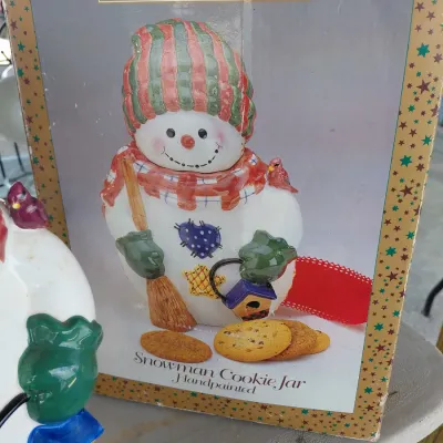 Sale Photo Thumbnail #190: Box and 2 PC Snowman Cookie Jar. Beautiful Cardinal, Craft Decorative Design.