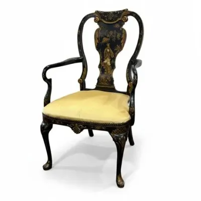 Sale Photo Thumbnail #177: Antique Chinoiserie-Decorated Black Lacquered Armchair