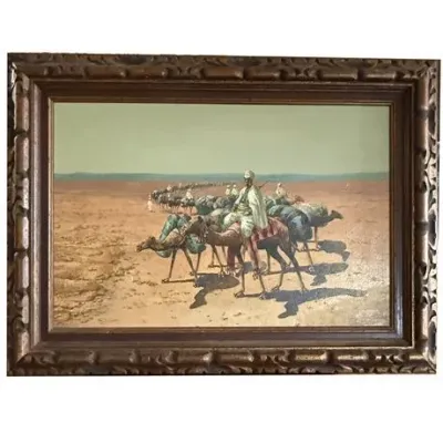 Sale Photo Thumbnail #170: Orientalist Desert Caravan Scene Oil on Board