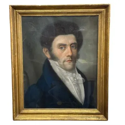 Sale Photo Thumbnail #39: Early 19th Century Pastel Portrait of a Gentleman in a Blue Coat