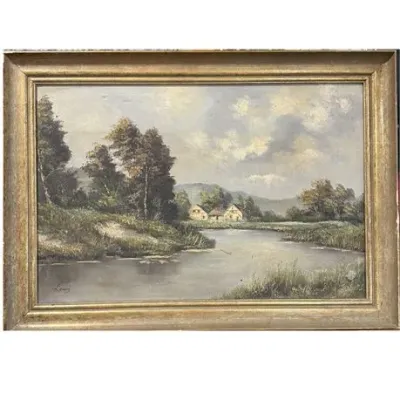 Sale Photo Thumbnail #173: Lowis, Signed Continental River Landscape Oil Painting