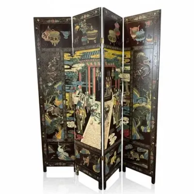 Sale Photo Thumbnail #179: Chinese Four-Panel Coromandel-Style Lacquer Screen