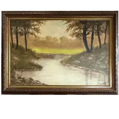 Sale Photo Thumbnail #82: Continental Tonalist River Landscape, Oil on Canvas