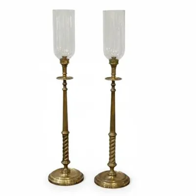 Sale Photo Thumbnail #44: Maitland Smith Brass Candlesticks With Hurricane Shades