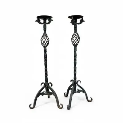 Sale Photo Thumbnail #191: Late 18th C Gothic Revival Wrought Iron Candlesticks, Pair