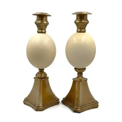 Sale Photo Thumbnail #17: Lot 017  
Brass-Mounted Ostrich Egg Candlesticks, Vintage, Pair