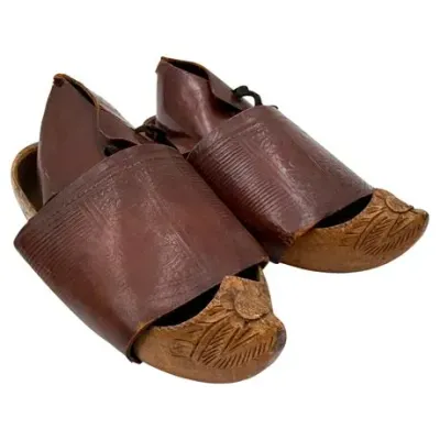 Sale Photo Thumbnail #102: Antique Children's Wood and Leather Clogs, Early 20th C