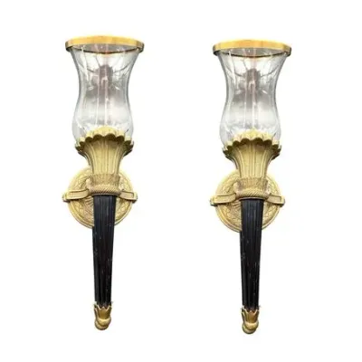 Sale Photo Thumbnail #48: Lot 050   
Neo Classic Cast Brass Torch Style Wall Sconce, Pair