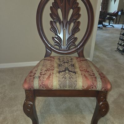 Sale Photo Thumbnail #112: Set of four beautiful wood upholstered chairs.  Original chairs for dining set.