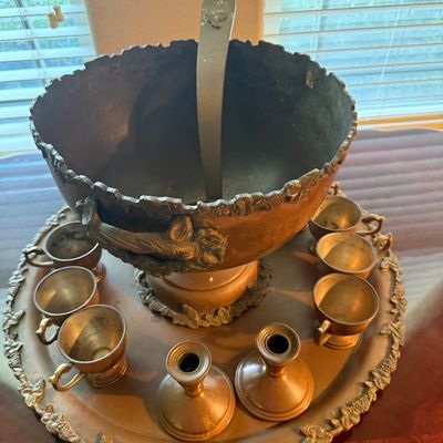 Ornate Antique Brass Punch  Bowl    Includes  a Ladle 2 Candle sticks, 12 cups 1 Tray