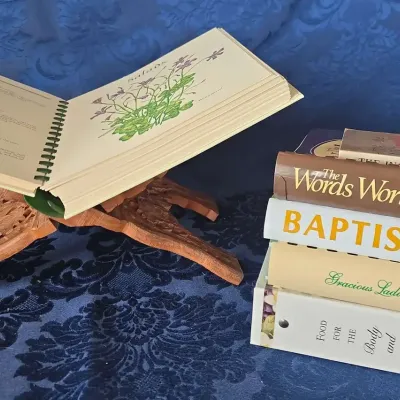 Vintage Carved Folding Bookstand And Cookbooks