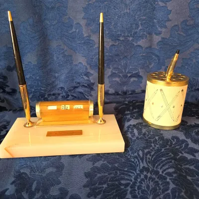 Vintage Park Sherman Pencil Holder And Brass Perpetual Calendar Desk Set 