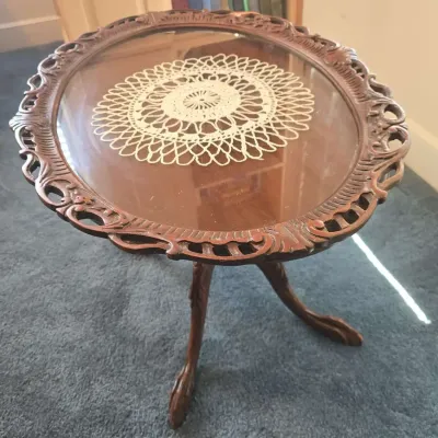 Antique Carved Walnut Tea Table With Removable Top