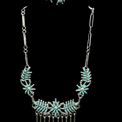 F. Weeka Zuni Sterling Silver Needlepoint Turquoise Necklace & Earring Set
