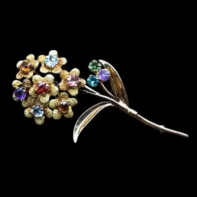 Vintage 18k Gold Floral Brooch - Amethyst, Sapphire, Citrine, Peridot, blue topaz 
