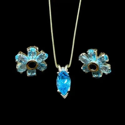 14k Yellow Gold And Topaz - Pendant, Chain And Earrings