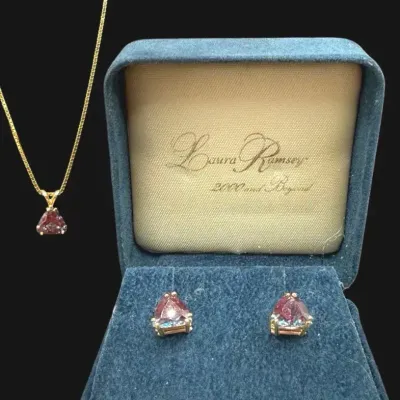 Laura Ramsey 14K Yellow Gold Trillion Amethyst Earrings & Pendant Set