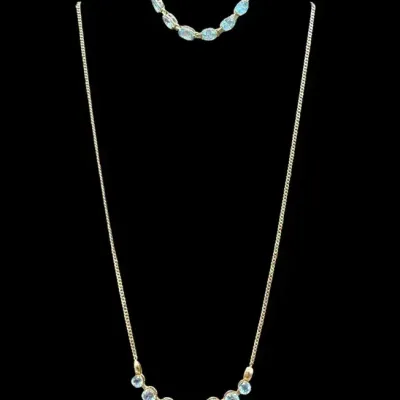 14K Yellow Gold Blue Topaz Graduated Station Necklace & Tennis Bracelet Set