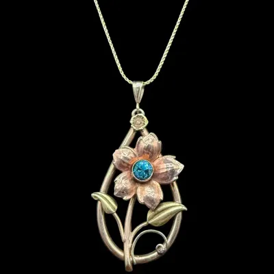 Vintage 10K Yellow & Rose Gold Flower Teardrop Pendant with Topaz on 14K Chain