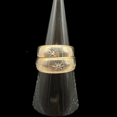 Vintage 14K Yellow Gold Starburst Diamond Wedding Band Set / Matching Couple Rings