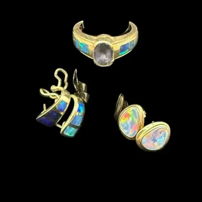 14K Gold Estate Jewelry Lot: Inlaid Opal & Topaz Ring with Two Pairs of Opal Earrings