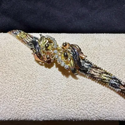Vintage Milor Italy Sterling Silver 925 Tri-Tone Floral Crystal Statement Bracelet