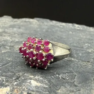 Vintage 925 Silver Multi-Stone Natural Ruby Dome Statement Ring