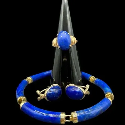 Vintage 14K Yellow Gold & Natural Blue Lapis Lazuli Matching Jewelry Set - Bracelet, Earrings, Ring