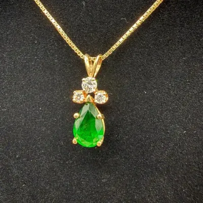 14k Gold - Large Emerald & Diamond Pendant On Chain 