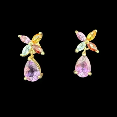 14K Yellow Gold Multi-Gemstone Butterfly Cluster & Pear Amethyst Drop Dangle Earrings