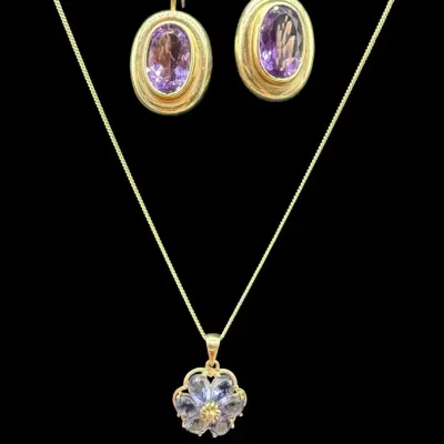 14k Gold & Amethyst Earrings And 10k Gold & Lavender Iolite Necklace 