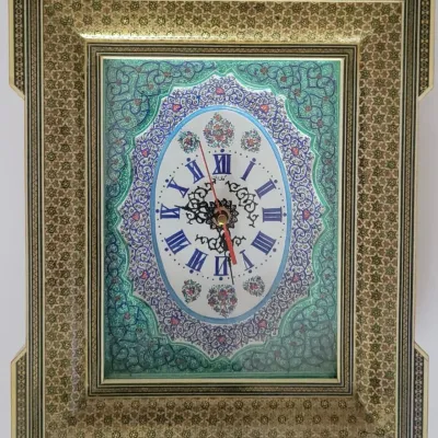 Persian Khatamkari Wall Clock Featuring Intricate Marquetry And Enamel Work