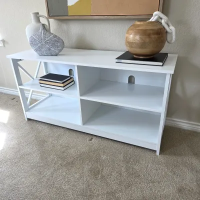 Sale Photo Thumbnail #6: White Low Media Console / Bookshelf w/ Open Shelving & X-Side Detail – Wayfair - Furniture