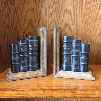 Sale Photo Thumbnail #59: Pair of Rustic Wood & Faux Book Bookends – Classic Tales, Poems & Phrases