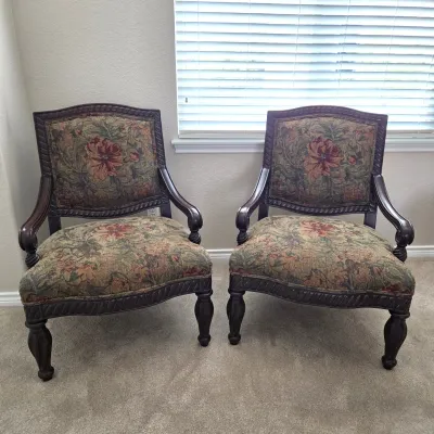 Sale Photo Thumbnail #25:  Pair of Bernhardt Carved Wood Armchairs with Floral Tapestry Upholstery - Furniture