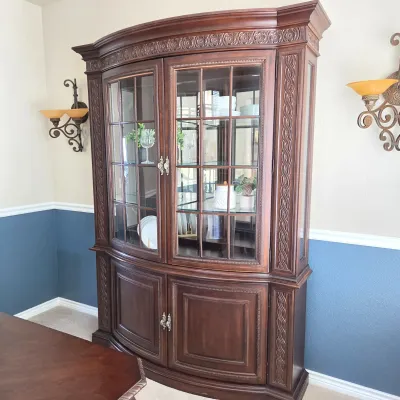 Sale Photo Thumbnail #5: Bernhardt Bow Front 2-Pc Lighted China Cabinet w/ Carved Detail & Glass Shelves - Furniture