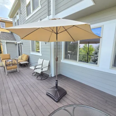 Sale Photo Thumbnail #66:  Large Patio Umbrella with Weighted Base Stand – Beige