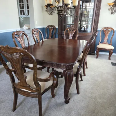 Sale Photo Thumbnail #23: Set of 8 Bernhardt Carved Wood Upholstered Dining Chairs