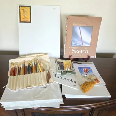 Sale Photo Thumbnail #21: Large Artist Supply Lot – Fredrix Canvas Panels, Strathmore Papers, Brushes & Tools