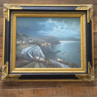 Sale Photo Thumbnail #29: Signed Jayne Original Oil on Canvas Coastal Village Landscape – Ornate Gilt Frame - Wall Art