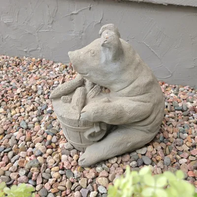 Sale Photo Thumbnail #69: Heavy Solid Concrete Pig & Corn Garden Statue – 14"