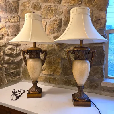 Sale Photo Thumbnail #48: Pair of Classical Urn-Form Table Lamps with Bell Shades – 35"