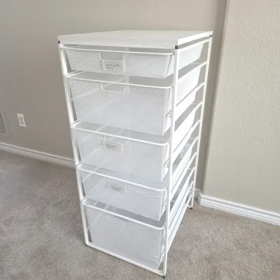 Sale Photo Thumbnail #85: Elfa 5-Drawer Mesh Storage Unit with Solid Top – White