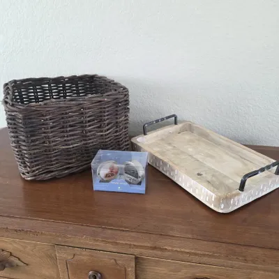 Sale Photo Thumbnail #64: Rustic Home Décor Trio – Twig Basket, Wood Tray & Michael Graves Travel Clock
